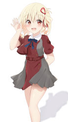 Rule 34 | 1girl, :d, absurdres, blonde hair, blue bow, blush, bow, breasts, commentary request, dress, grey dress, hair between eyes, hair ribbon, hand up, highres, k12040707, looking at viewer, lycoris recoil, nishikigi chisato, open mouth, pleated dress, red dress, red eyes, red ribbon, ribbon, shadow, simple background, small breasts, smile, solo, two-tone dress, white background