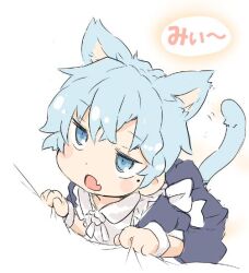 Rule 34 | 1boy, animal ears, apron, back bow, blue dress, blue eyes, blue hair, bow, cat boy, cat ears, cat tail, child, crossed bangs, dress, extra ears, fang, hair between eyes, ham (points), light blue hair, maid, maid apron, male focus, misskey.io, mole, mole under eye, murakami-san (misskey.io), open mouth, simple background, skin fang, solo, tail, tail raised, trap, white apron, white background, white bow