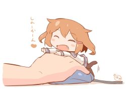 Rule 34 | 10s, 1girl, black pantyhose, blush stickers, brown hair, closed eyes, commentary request, fang, hair ornament, hairclip, hanomido, ikazuchi (kancolle), kantai collection, lying on person, mini person, minigirl, mouse (computer), open mouth, outstretched arms, pantyhose, school uniform, serafuku, short hair, solo focus, translation request, white background
