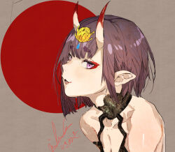 Rule 34 | 1girl, :d, bare shoulders, blunt bangs, breasts, cleavage, eyeliner, fang, fate/grand order, fate (series), hair ornament, highres, hikimayu, hiranko, horns, looking at viewer, makeup, oni, open mouth, pointy ears, purple eyes, purple hair, short hair, shuten douji (fate), skin-covered horns, small breasts, smile, solo
