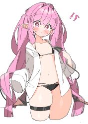 Rule 34 | !?, 1girl, absurdres, bikini, black bikini, blush, breasts, closed mouth, collarbone, demon girl, demon tail, demon wings, highres, long hair, looking at viewer, micro bikini, navel, original, pink eyes, pink hair, pointy ears, simple background, small breasts, solo, swimsuit, tail, thigh strap, uruti 2388, very long hair, white background, wings