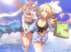 Rule 34 | 2girls, bag, blonde hair, blue eyes, blue sky, breasts, cleavage, collarbone, day, dress, fate/apocrypha, fate/grand order, fate (series), flower, front-tie top, hair between eyes, hairband, hat, hat flower, hat ribbon, holding hands, jeanne d&#039;arc (fate), jeanne d&#039;arc (ruler) (fate), jeanne d&#039;arc (swimsuit archer) (fate), jeanne d&#039;arc (swimsuit archer) (first ascension) (fate), large breasts, long hair, long sleeves, marie antoinette (fate), marie antoinette (swimsuit caster) (third ascension) (fate), multiple girls, no-kan, open clothes, open mouth, open shirt, outdoors, purple eyes, ribbon, running, shopping bag, silver hair, sky, smile, sun, sun hat, twintails, very long hair, water