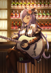 Rule 34 | 1girl, absurdres, bad id, bad pixiv id, bar (place), bar stool, black bow, black jacket, black pantyhose, black ribbon, black skirt, blush, bow, brown eyes, closed mouth, collared shirt, commentary, crossed legs, cup6542, feet out of frame, flower, guitar, hair bow, hair flower, hair ornament, high-waist skirt, highres, indoors, instrument, jacket, long sleeves, looking at viewer, music, neck ribbon, off shoulder, open clothes, open jacket, original, pantyhose, playing instrument, pouch, purple hair, red flower, ribbon, shirt, sitting, skirt, smile, solo, stool, suspender skirt, suspenders, swept bangs, thigh pouch, thigh strap, wing collar