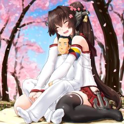 Rule 34 | 1boy, 1girl, admiral (kancolle), anchor, bad id, bad pixiv id, bare shoulders, between legs, black thighhighs, blush, brown hair, cherry blossoms, closed eyes, day, dd (ijigendd), detached sleeves, from behind, hair intakes, headgear, height difference, highres, hip vent, hug, jacket, kantai collection, long hair, long sleeves, miniskirt, outdoors, pants, pleated skirt, ponytail, red skirt, single thighhigh, sitting, size difference, skirt, smile, socks, thighhighs, unamused, very long hair, wariza, white footwear, white jacket, white pants, white thighhighs, yamato (kancolle)