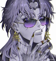 1boy black_jacket chinese_commentary cigarette clenched_teeth collarbone colored_skin commentary_request dio_brando ear_piercing earrings eyelashes fass_(weibo_7305677554) forehead_piercing forehead_protector gold_earrings gold_nails gold_ring grey_skin hand_on_own_chin heart highres jacket jewelry jojo_no_kimyou_na_bouken kanji_earrings lip_piercing lips looking_at_viewer male_focus medium_hair mismatched_earrings mouth_hold multiple_piercings multiple_rings nail_polish parted_bangs piercing purple-tinted_eyewear purple_eyes purple_hair ring simple_background solo stardust_crusaders sunglasses teeth thick_eyebrows tinted_eyewear upper_body weibo_watermark white_background yellow-framed_eyewear