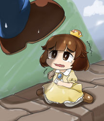 Rule 34 | 1boy, 1girl, absurdres, artist request, brooch, brown eyes, brown hair, child, commentary request, crown, dress, fang, goomba, highres, jewelry, kneeling, mario, mario (series), new super mario bros. u deluxe, nintendo, open mouth, personification, scared, super crown, sweatdrop, tearing up, tears, trembling, yellow dress