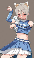 Rule 34 | 1girl, animal ears, arm up, belt, black eyes, blue shirt, blue sleeves, blush, breasts, brown background, cowboy shot, crop top, cropped shirt, detached sleeves, dot nose, fake animal ears, fox ears, grey hair, grin, hair between eyes, hand up, highres, idolmaster, idolmaster cinderella girls, idolmaster cinderella girls starlight stage, kitsune dance, layered skirt, looking at viewer, medium breasts, midriff, minori (m-noir), paw pose, pleated skirt, shiomi syuko, shirt, short hair, simple background, single bare shoulder, skirt, sleeveless, sleeveless shirt, smile, solo, standing, two-tone skirt, white belt