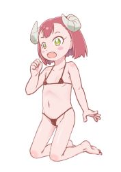 Rule 34 | 1girl, absurdres, barefoot, bikini, blush, blush stickers, breasts, curled horns, demon girl, demon horns, endro!, female focus, green eyes, hand up, highres, horns, kneeling, looking at viewer, mao (endro!), micro bikini, navel, nipples, red hair, short hair, simple background, small breasts, solo, swimsuit, white background