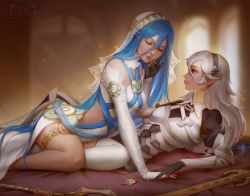 Rule 34 | 2girls, azura (fire emblem), blue hair, closed eyes, corrin (female) (fire emblem), corrin (fire emblem), cousins, detached sleeves, fingerless gloves, fire emblem, fire emblem fates, gloves, hairband, incest, kittew, lips, long hair, lying, multiple girls, nintendo, on back, pointy ears, puffy sleeves, red eyes, single thighhigh, sitting, staff, sword, thighhighs, thighlet, weapon, white hair, yuri