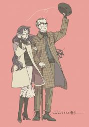 Rule 34 | 1boy, 1girl, absurdres, arm up, black footwear, black hair, black headwear, black shirt, brown coat, brown pants, cane, coat, dated, glasses, grey hair, hand up, hat, highres, holding, holding clothes, holding hat, long hair, long sleeves, luo xiaohei zhanji, mugi-co, one eye closed, pan jing (the legend of luoxiaohei), pants, pink background, plaid, plaid coat, shirt, shoes, short hair, simple background, skirt, unworn hat, unworn headwear, watch, white coat, white skirt, wristwatch, xia (the legend of luoxiaohei)