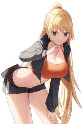 Rule 34 | 1girl, belt pouch, black jacket, black shorts, blonde hair, breasts, cleavage, cowboy shot, grey eyes, hand on own leg, highres, jacket, kimi (jxrm5387), large breasts, leaning forward, long hair, looking at viewer, midriff, navel, orange tank top, original, ponytail, pouch, short shorts, shorts, simple background, solo, sweatdrop, tank top, thighs, very long hair, white background