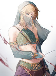 Rule 34 | 1boy, arabian clothes, blonde hair, blue veil, bow (weapon), bridal gauntlets, circlet, closed mouth, crossdressing, detached sleeves, gerudo set (zelda), gradient background, highres, holding, holding bow (weapon), holding weapon, link, looking at viewer, mada (shizhou), male focus, mouth veil, nintendo, see-through, simple background, solo, the legend of zelda, the legend of zelda: breath of the wild, trap, veil, weapon