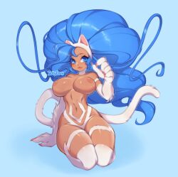 Rule 34 | 1girl, animal ears, bare shoulders, blue eyes, blue hair, blush, body fur, breasts, cat ears, cat tail, claws, felicia (vampire), highres, jellyenvy, large breasts, long hair, looking back, matching hair/eyes, monster girl, muscular, muscular female, nipples, purple background, simple background, solo, tail, third-party edit, vampire (game), white fur