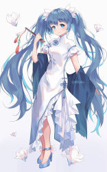 Rule 34 | 1girl, artist name, blue eyes, blue hair, blush, china dress, chinese clothes, closed mouth, dress, flower, frills, full body, hair ornament, hand up, hatsune miku, hatsune miku (vocaloid4) (chinese), highres, holding, long hair, looking at viewer, mikako, short sleeves, sidelocks, simple background, smile, standing, twintails, very long hair, vocaloid, white background