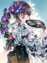 Rule 34 | 1girl, blurry, braid, brown hair, cloud, cloudy sky, day, depth of field, floral print, flower, from side, hair flower, hair ornament, hand fan, highres, holding, holding fan, japanese clothes, kimono, leaf, looking at viewer, morning glory, morning glory print, obi, outdoors, print kimono, profile, sash, sidelocks, single braid, sky, solo, upper body, wide sleeves, zasso (z87 w)