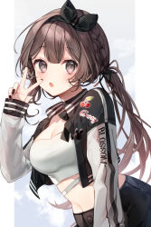 Rule 34 | 1girl, :o, bad id, bad pixiv id, benikaba sakura, black hairband, black jacket, black nails, black ribbon, black skirt, blush, breasts, brown hair, cleavage, collarbone, commentary request, crop top, cropped jacket, grey eyes, hair ribbon, hairband, hand up, jacket, long hair, long sleeves, looking at viewer, low twintails, medium breasts, midriff, nail polish, navel, open clothes, open jacket, open mouth, puffy long sleeves, puffy sleeves, ribbon, skirt, solo, taya oco, twintails, v, very long hair, virtual youtuber, voice-ore