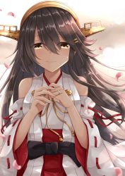 Rule 34 | 1girl, bare shoulders, black hair, blush, brown eyes, closed mouth, crying, crying with eyes open, detached sleeves, gensoukitan, hair between eyes, hair ornament, hairband, hairclip, haruna (kancolle), headgear, highres, japanese clothes, jewelry, kantai collection, long hair, looking at viewer, nontraditional miko, ribbon-trimmed sleeves, ribbon trim, ring, smile, solo, tears, wedding ring