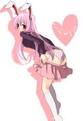 Rule 34 | 1girl, animal ears, blush, female focus, from behind, heart, kneehighs, leaning forward, long hair, looking back, no tail, panties, pink hair, rabbit ears, red eyes, reisen udongein inaba, skirt, socks, solo, striped clothes, striped panties, touhou, tsuno no hito, underwear, undressing, vertical-striped clothes, vertical-striped panties, white socks