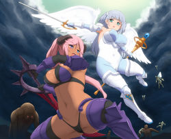 Rule 34 | 2girls, angel wings, anime coloring, armor, armored boots, armpits, battle, black gloves, black panties, blue eyes, blue gloves, blush, boots, breasts, cameltoe, capitan (tsyoujo), cloud, covered erect nipples, covered navel, crotch plate, dark-skinned female, dark clouds, dark skin, demon girl, demon horns, dual wielding, elbow gloves, gloves, green eyes, green sky, groin tendon, heterochromia, holding, horns, laplazo (capitan (tsyoujo)), large breasts, long hair, monster, multiple girls, navel, neeya (capitan (tsyoujo)), open mouth, original, panties, pink hair, ponytail, purple eyes, rapier, revealing clothes, scepter, silver hair, skin tight, sword, teeth, two-handed sword, two side up, underwear, upper teeth only, weapon, white wings, wings