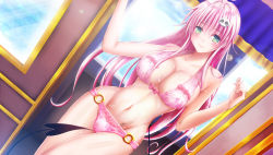 Rule 34 | 1girl, absurdres, bikini, blush, breasts, cleavage, dated, demon tail, dutch angle, green eyes, hair ornament, highres, housou-kun, indoors, lala satalin deviluke, large breasts, long hair, looking at viewer, o-ring, o-ring bikini, peke, pink bikini, pink hair, signature, smile, solo, standing, swimsuit, tail, to love-ru, wet