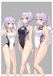 Rule 34 | 3girls, black one-piece swimsuit, competition swimsuit, covered navel, feet out of frame, grey background, highleg, highleg swimsuit, highres, long hair, looking at viewer, multiple girls, one-piece swimsuit, ponytail, purple eyes, purple hair, short hair, short hair with long locks, swimsuit, towel, voiceroid, white one-piece swimsuit, yuzuki yukari, yuzuki yukari (rei), yuzuki yukari (shizuku), zooanime