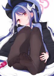 Rule 34 | 1girl, absurdres, antenna hair, bitseon, black panties, black pantyhose, blue archive, blue hair, blue shirt, blush, bow, embroidered panties, feet, foot focus, foreshortening, fubuki (blue archive), grey hair, hair bow, halo, hat, head tilt, highres, jacket, knees up, long hair, looking at viewer, multicolored hair, panties, pantyhose, peaked cap, red eyes, revision, shirt, sidelocks, simple background, soles, solo, streaked hair, toes, twintails, two-sided fabric, two-sided jacket, underwear, very long hair, white background