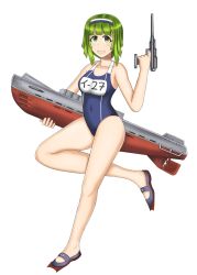 Rule 34 | 1girl, bad id, bad pixiv id, breasts, chibiosaka, full body, green eyes, green hair, hairband, holding, kantai collection, machinery, medium breasts, medium hair, new school swimsuit, one-piece swimsuit, open mouth, original, school swimsuit, smile, solo, submarine, swimsuit, two-tone hairband, watercraft
