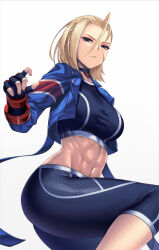 Rule 34 | 1girl, abs, black choker, black gloves, black pants, blonde hair, blue eyes, blue jacket, breasts, cammy white, choker, closed mouth, fingerless gloves, gloves, gradient background, grey background, hair between eyes, highres, jacket, large breasts, looking at viewer, midriff, navel, open clothes, open jacket, pants, scar, scar on face, short hair, solo, street fighter, street fighter 6, takanashi-a