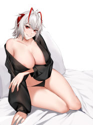 Rule 34 | 1girl, absurdres, alternate breast size, alternate costume, antenna hair, areola slip, arknights, arm under breasts, bare legs, bed sheet, black panties, black shirt, breast hold, breasts, cleavage, collarbone, commentary, darling0221, demon horns, english commentary, full body, hair between eyes, highres, horns, large breasts, legs together, looking at viewer, multicolored hair, off shoulder, on bed, panties, parted lips, pillow, red eyes, shirt, short hair, simple background, sitting, smile, solo, streaked hair, thighs, two-tone hair, underwear, w (arknights), white background