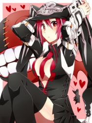 Rule 34 | 1girl, arc system works, arms up, bad id, bad pixiv id, between breasts, black thighhighs, breasts, erigamine, guilty gear, guilty gear 2, hat, heart, jester cap, large breasts, necktie, red eyes, red hair, skirt, solo, thighhighs, valentine (guilty gear), zettai ryouiki