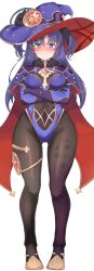 Rule 34 | 1girl, black gloves, black pantyhose, blue archive, blue hat, blush, bodystocking, breasts, cape, choker, commentary, cosplay, detached sleeves, english commentary, frown, fur collar, genshin impact, gloves, gold trim, halo, hat, highleg, highleg leotard, highres, leotard, long hair, looking at viewer, medium breasts, mona (genshin impact), mona (genshin impact) (cosplay), multicolored clothes, multicolored hat, murota (mrt0818), pantyhose, parted bangs, purple hair, purple hat, purple leotard, simple background, solo, star (symbol), star choker, strapless, strapless leotard, sweat, thighlet, two side up, witch hat, yuuka (blue archive)
