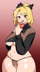 Rule 34 | 1girl, absurdres, black bow, black shirt, blonde hair, blush, bow, box, breasts, brown panties, collared shirt, commentary request, cowboy shot, crop top, extra eyes, gift, gift box, gradient background, hair bow, hair bun, heart, highres, holding, holding gift, kurodani yamame, large breasts, long sleeves, looking at viewer, medium bangs, navel, no pants, open mouth, panties, red background, red eyes, rinyamame, shirt, short hair, single hair bun, smile, solo, thick thighs, thighs, touhou, underboob, underwear, valentine