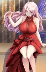 Rule 34 | 1girl, absurdres, blush, breasts, cleavage, dress, feet out of frame, fingernails, highres, kantai collection, large breasts, long hair, luigi di savoia duca degli abruzzi (kancolle), nail polish, official alternate costume, open mouth, pink eyes, pink hair, red dress, red nails, smile, solo, suke (share koube)