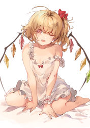Rule 34 | 1girl, ;d, bare legs, bare shoulders, barefoot, bed sheet, blonde hair, breasts, collarbone, commentary, crystal, fang, flandre scarlet, hair ribbon, highres, kita (kitairoha), looking at viewer, medium hair, nail polish, one eye closed, open mouth, red eyes, red nails, red ribbon, ribbon, scrunchie, side ponytail, simple background, sitting, skin fang, small breasts, smile, solo, strap slip, touhou, twitter username, wariza, white background, wrist scrunchie