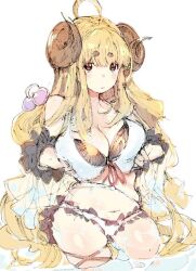 Rule 34 | 1girl, ahoge, anila (granblue fantasy), anila (summer) (granblue fantasy), bikini, blonde hair, breasts, brown horns, cleavage, commentary, curled horns, draph, gorirago, granblue fantasy, horns, large breasts, long hair, looking at viewer, navel, official alternate costume, simple background, sketch, solo, swimsuit, thick eyebrows, white background, white bikini