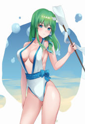 Rule 34 | 1girl, absurdres, adapted costume, blue eyes, blush, breasts, collarbone, commission, costume request, cowboy shot, frog hair ornament, gohei, green hair, groin, hair between eyes, hair ornament, highres, holding, kochiya sanae, koizumo, large breasts, long hair, parted lips, skeb commission, snake hair ornament, solo, touhou