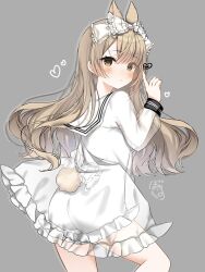 Rule 34 | 1girl, animal ears, ass, blush, bonono, bow, brown eyes, brown hair, closed mouth, dress, feet out of frame, frilled dress, frills, from behind, grey background, hair between eyes, hair bow, hand up, heart, highres, index finger raised, legs apart, looking at viewer, original, rabbit ears, rabbit girl, raised eyebrows, sailor collar, sailor dress, see-through, see-through dress, short dress, simple background, solo, white bow, white dress, white sailor collar