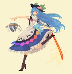 Rule 34 | 1girl, blue hair, boots, food, fruit, hat, high heels, hinanawi tenshi, jean (jean sp), keystone, long hair, open mouth, peach, red eyes, smile, solo, sword of hisou, touhou, weapon