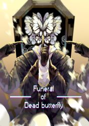 Rule 34 | 1boy, animal head, black coat, black gloves, black vest, bug, butterfly, character name, coat, coffin, commentary, english commentary, extra arms, facing viewer, finger to mouth, flower, funeral of the dead butterflies, gloves, index finger raised, insect, lobotomy corporation, male focus, monster boy, motion blur, pointing, pointing at self, poten (q2w23434), project moon, rose, shirt, shushing, solo, upper body, vest, white shirt