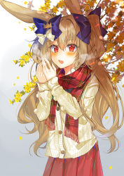 Rule 34 | 1girl, animal ears, aran sweater, blue bow, blush, bow, branch, breathing on hands, brown hair, cable knit, commentary request, fingernails, gradient background, grey background, hair bow, highres, long hair, long sleeves, monaka natsume, open mouth, original, plaid, plaid scarf, pleated skirt, rabbit ears, red eyes, red scarf, red skirt, scarf, skirt, sleeves past wrists, solo, sweater, two side up, very long hair, white background, white bow, white sweater, yellow bow