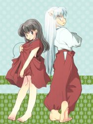 Rule 34 | 1boy, 1girl, animal ears, back-to-back, barefoot, black hair, bottomless, brown eyes, costume switch, couple, crossed arms, dog ears, higurashi kagome, inuyasha, inuyasha (character), necklace, standing, white hair, yellow eyes