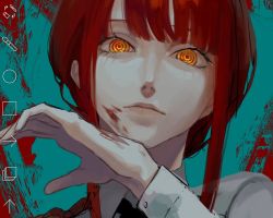Rule 34 | 1girl, bad id, bad twitter id, black necktie, blood, blood on face, blue background, chainsaw man, collared shirt, juzoh13, looking at viewer, makima (chainsaw man), medium hair, necktie, red hair, ringed eyes, shirt, sidelocks, simple background, solo, two-tone background, white shirt, wiping blood, yellow eyes
