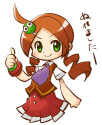 Rule 34 | 1girl, andou ringo, bracelet, drill hair, green eyes, hair ornament, hairpin, jewelry, looking at viewer, neckerchief, puyopuyo, puyopuyo 7, red hair, sega, skirt, smile, solo, thumbs up