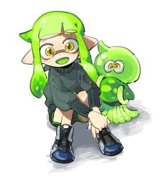 Rule 34 | :d, daidaiika, dolphin shorts, green hair, inkling player character, jellyfish (splatoon), looking at viewer, nintendo, open mouth, pointy ears, shoes, shorts, simple background, sitting, smile, sneakers, splatoon (series), sweater, tentacle hair, white background, yellow eyes