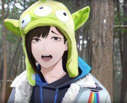 Rule 34 | 1girl, absurdres, alien, beanie, black hair, blue hood, chainsaw man, coat, earflap beanie, extra eyes, forest, fur-trimmed coat, fur trim, green hat, hair ornament, hairclip, hat, higashiyama kobeni, highres, hood, hoodie, logan paul, logan paul&#039;s suicide forest video (meme), looking at viewer, meme, nature, open mouth, rainbow, real life, short hair, single sidelock, solo, ufo, winter clothes, winter hat, xyanaid