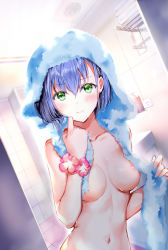 Rule 34 | 1girl, absurdres, areola slip, bad id, bad pixiv id, bathroom, blue hair, blush, closed mouth, collarbone, convenient censoring, darling in the franxx, flower, flower bracelet, green eyes, highres, ichigo (darling in the franxx), indoors, looking at viewer, navel, nude, pink flower, rei (rei&#039;s room), short hair, soap bottle, solo, stomach, tile wall, tiles, towel, towel on head, upper body, wet, wet hair