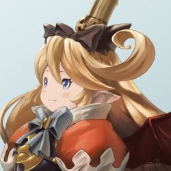 Rule 34 | 1girl, armor, bad id, bad twitter id, black bow, blonde hair, blue eyes, blush, bow, bowtie, charlotta (granblue fantasy), closed mouth, commentary request, dot nose, granblue fantasy, grey background, grey bow, grey bowtie, hair bow, light blush, pointy ears, puffy short sleeves, puffy sleeves, reiesu (reis), short sleeves, signature, simple background, smile, solo, upper body