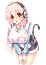 Rule 34 | 1girl, :d, black skirt, blush, breasts, cowboy shot, fur trim, headphones, jewelry, large breasts, leaning forward, long hair, necklace, nitroplus, open clothes, open mouth, open vest, pink hair, pom pom (clothes), red eyes, shirt, skirt, smile, solo, star (symbol), super sonico, syroh, tail, tiger tail, v arms, vest