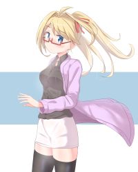 Rule 34 | 1girl, ahoge, black shirt, blonde hair, blush, breasts, buttons, coat, collar, collared shirt, commentary request, floating clothes, floating hair, glasses, hair ribbon, highres, ikinokore! shachiku-chan, long hair, long sleeves, looking at viewer, medium breasts, pencil skirt, pink coat, ribbon, sakura ouka, shirt, simple background, skirt, sweat, thighhighs, twintails, yuukin