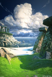 Rule 34 | angelmaster, arsenixc, beach, blue sky, cloud, cloudy sky, comic, commentary, day, grass, highres, horizon, monolith (object), no humans, ocean, outdoors, pillar, reflection, rock, ruins, sand, scenery, shadow, shore, sky, stone, temple, water surface, watermark